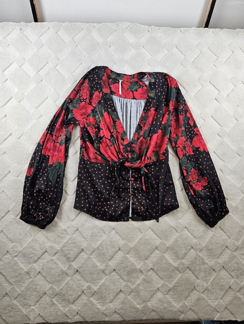 Free People Run Free Blouse Womens Large Red Black Floral Print
